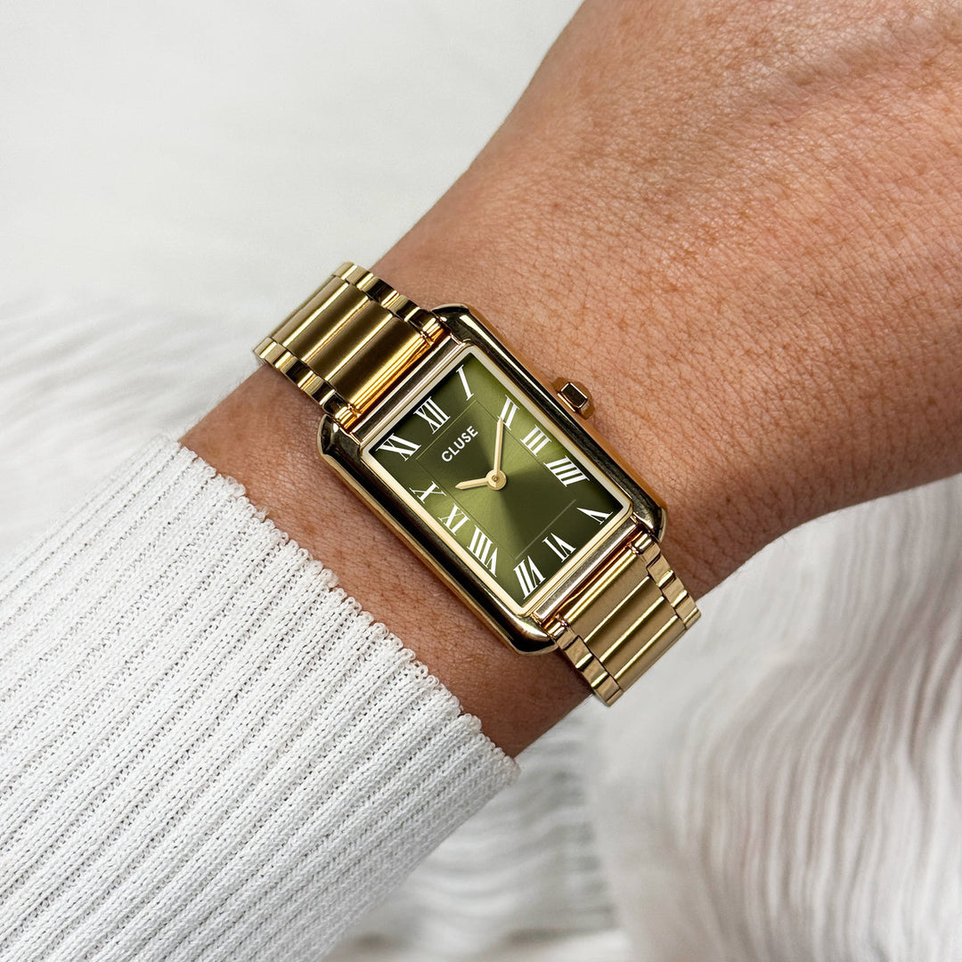 Orologio Donna Rettangolare Dorato con Quadrante Verde Oliva in Acciaio