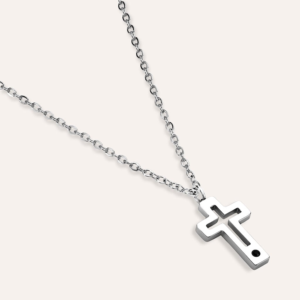 Collana croce Man Code in acciaio con cristallo nero