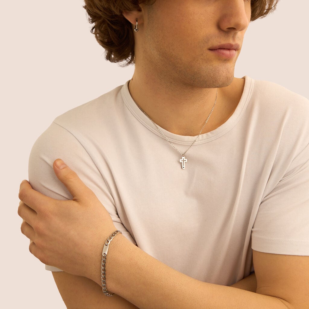Collana croce Man Code in acciaio con cristallo nero