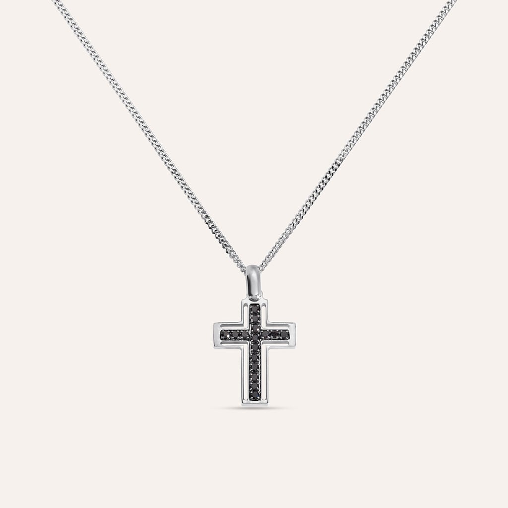 Collana croce Gentleman in argento rodiato con zirconi neri