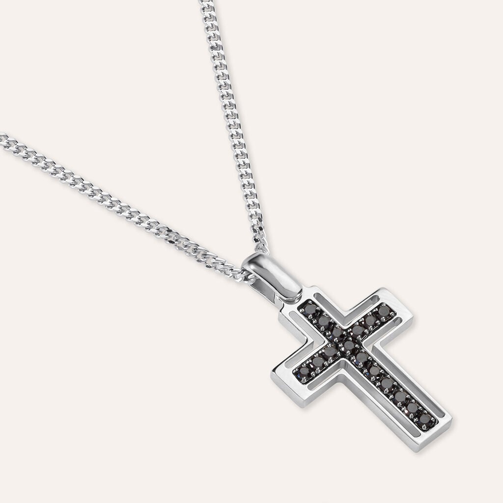 Collana croce Gentleman in argento rodiato con zirconi neri