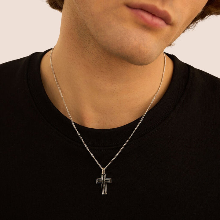 Collana croce Gentleman in argento rodiato con zirconi neri