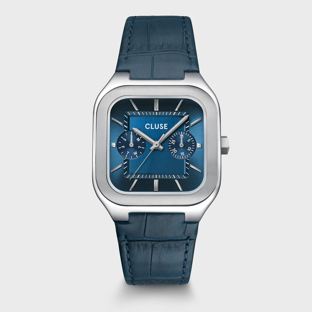 Orologio Uomo Multifunzione Argentato con Quadrante Blu e Cinturino Pelle