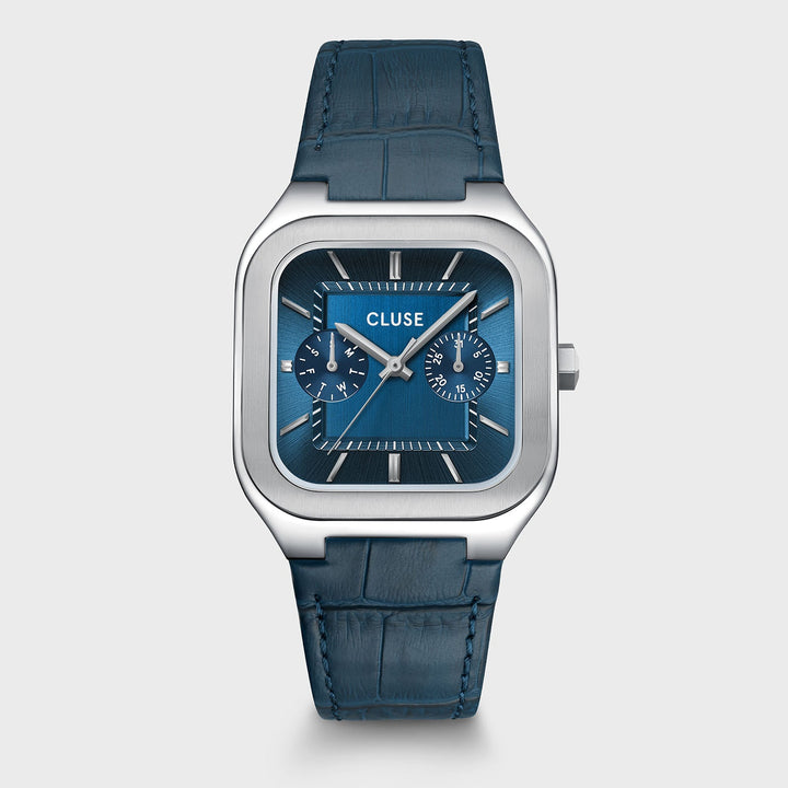 Orologio Uomo Multifunzione Argentato con Quadrante Blu e Cinturino Pelle