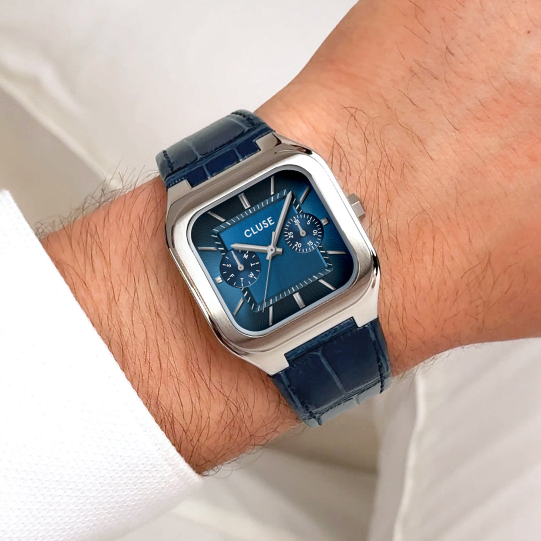 Orologio Uomo Multifunzione Argentato con Quadrante Blu e Cinturino Pelle