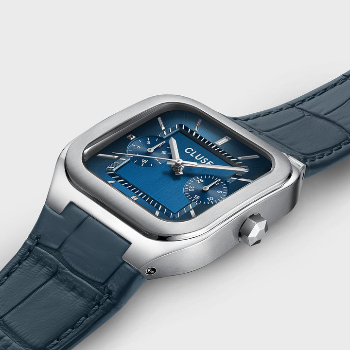 Orologio Uomo Multifunzione Argentato con Quadrante Blu e Cinturino Pelle