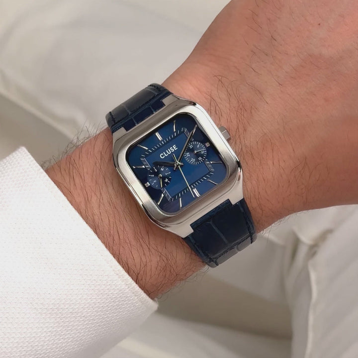 Orologio Uomo Multifunzione Argentato con Quadrante Blu e Cinturino Pelle