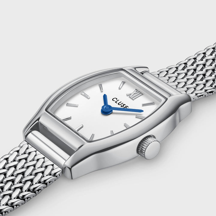 Orologio Donna Tonneau Argentato con Quadrante Bianco e Bracciale Milanese