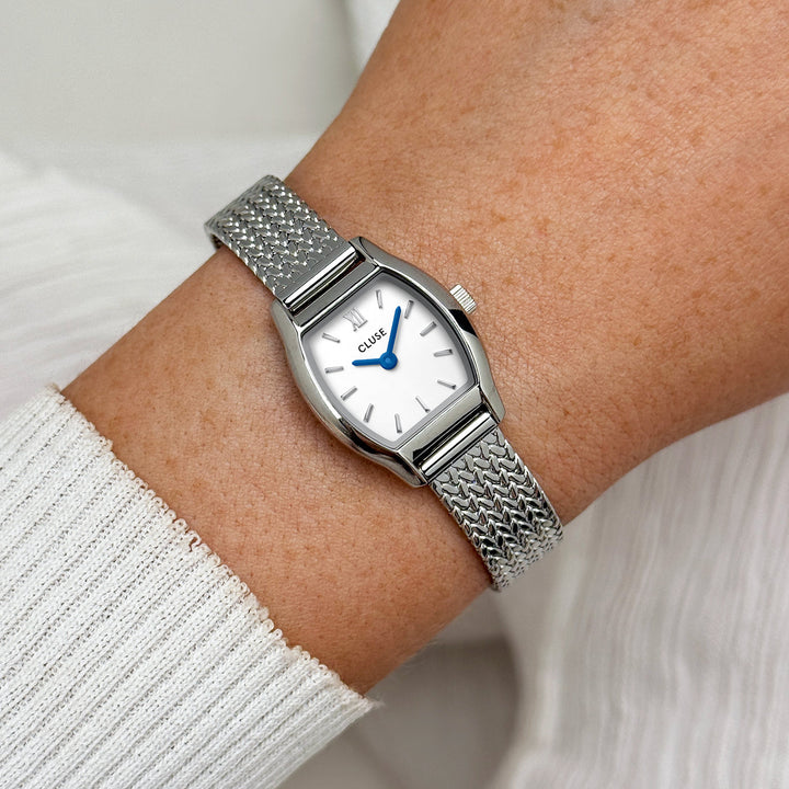 Orologio Donna Tonneau Argentato con Quadrante Bianco e Bracciale Milanese