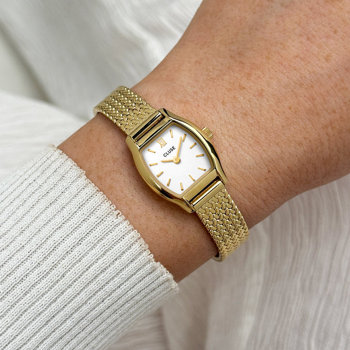 Orologio Donna Tonneau Mini Dorato con Quadrante Bianco e Bracciale Milanese