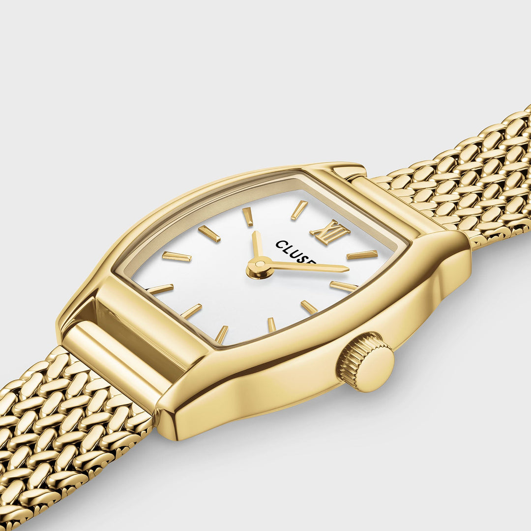 Orologio Donna Tonneau Mini Dorato con Quadrante Bianco e Bracciale Milanese