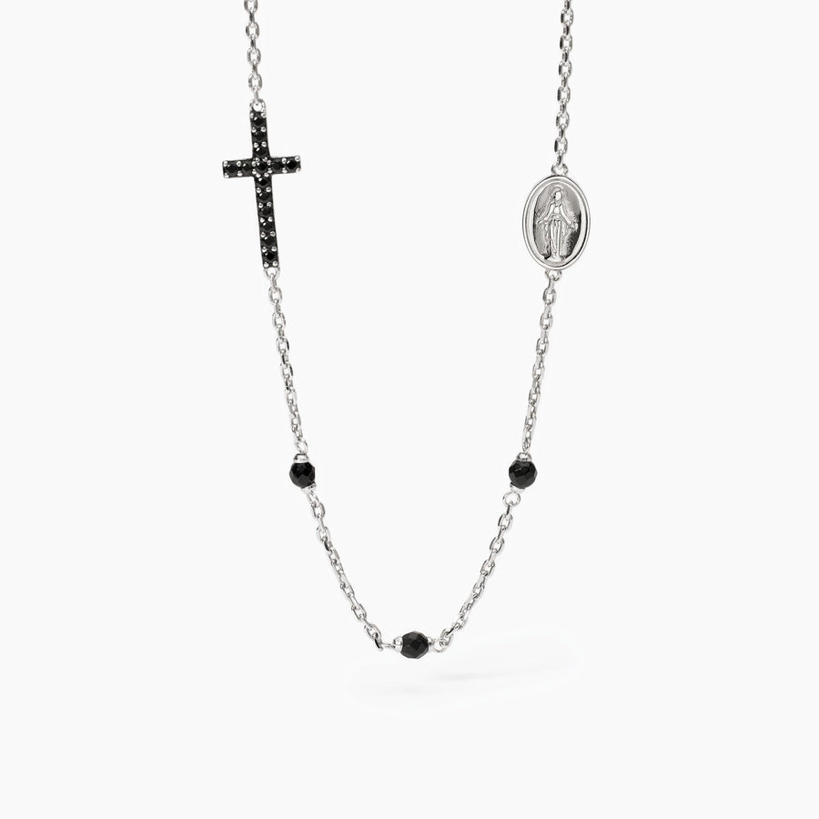 Collana uomo MYSTICAL con agata nera, croce e Madonnina