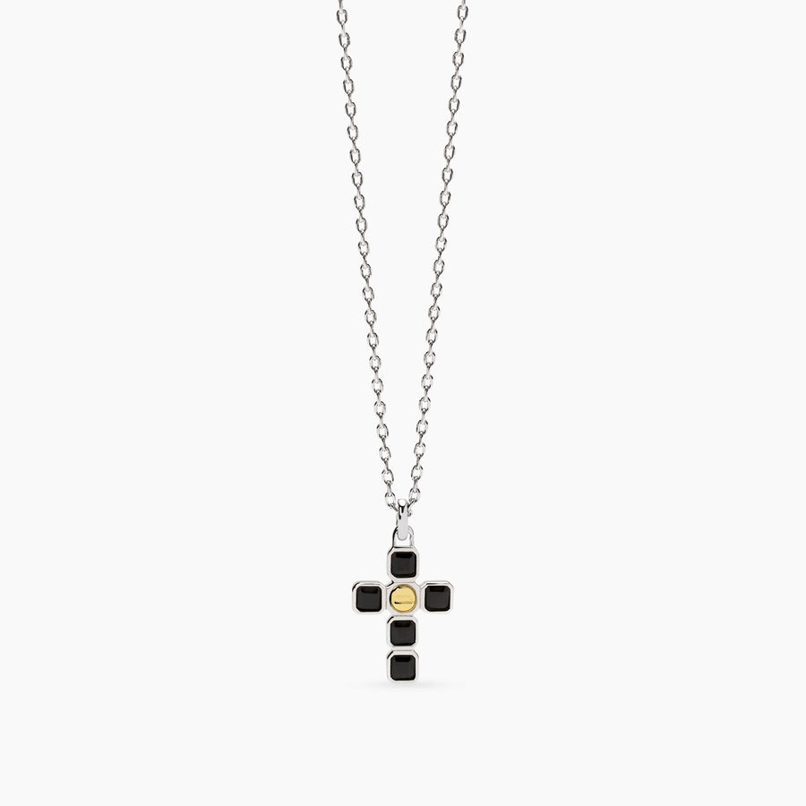 Collana uomo MYSTICAL con croce di zirconi neri e vite dorata