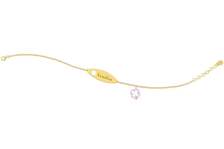 Bracciale con targhetta e charm quadrifoglio rosa in oro 9 kt