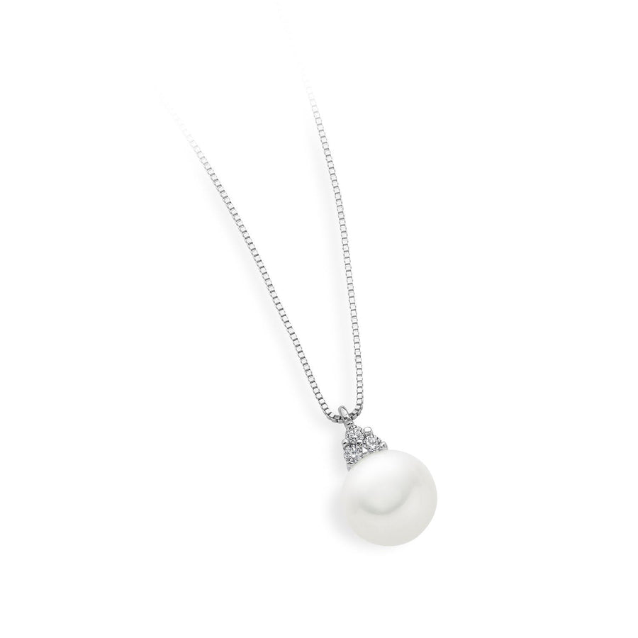 Ambrosia - Girocollo Oro bianco 750, zirconi bianchi, perla coltivata Ø 7/7