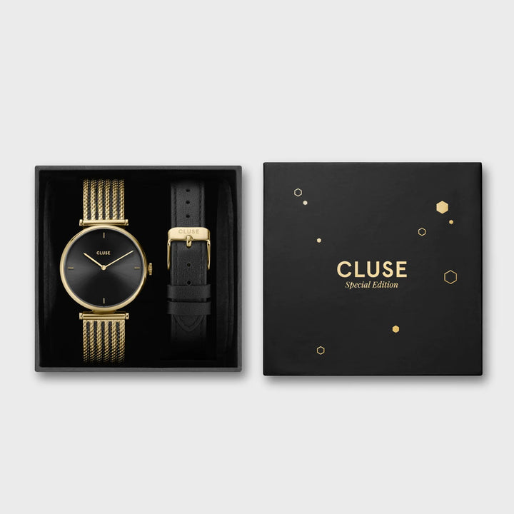Cluse - Gift Box Triomphe Mesh, Gold Colour & Black Leather Strap
