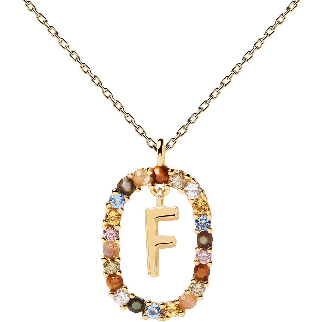PDPaola- Collana Linea letters con iniziale F da donna in argento dorato e pietre naturali