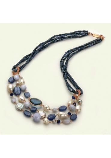 Marakò - Collana multifilo, agata blu zaffiro, perle coltivate