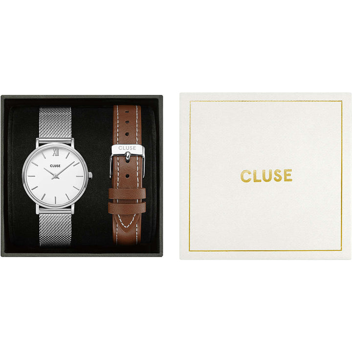 CLUSE - Gift Box Con Orologio Solo Tempo Donna Cluse Minuit Mesh e Cinturino Cuoio