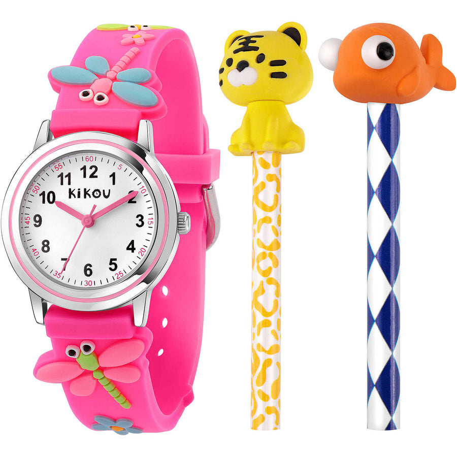 Kikou - Orologio da bambina con motivo libellule e matite colorate